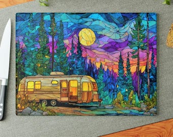 Stained Glass Camper Cutting Board Colorful Moonlit Forest RV Kitchen Decor