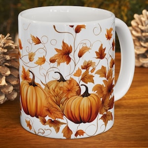 Fall Pumpkin Mug 11oz Ceramic Coffee Cup with Autumn Leaves Thanksgiving Design