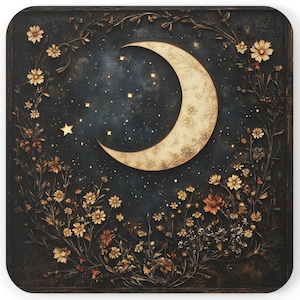 Crescent Moon Wildflower Coaster: Gothic Dark Academia Decor
