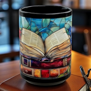 Taza de cerámica negra con diseño de vitral para amantes de los libros, taza de café para lectores, 15 oz, decoración literaria