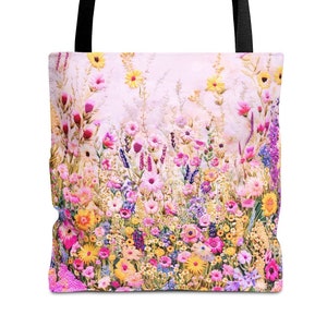 Embroidered Style Pink Floral Tote Bag: Cottagecore Botanical Handbag