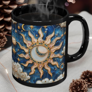 Stained Glass Sun Ceramic Mug: Celestial Moon & Stars Design