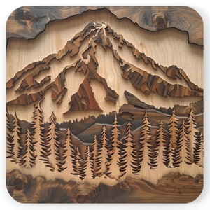 Mountain Wood Print Coaster: Cork Back, Nature Decor