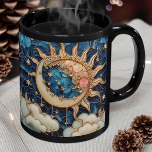 Stained Glass Moon And Sun Mug Celestial Stained Glass Style Moon And Stars Ceramic Mug 15oz 11oz Black Large Mug Space Lover Gift For Her