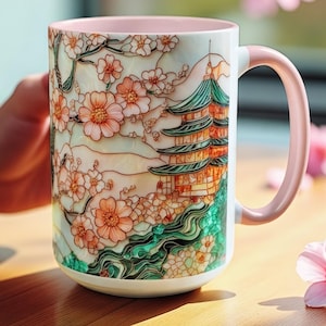 Japoński kubek w kształcie pagody z witrażem w kształcie kwiatu wiśni i bonsai, 15 uncji, ceramiczny, azjatycki kubek w kształcie sakury