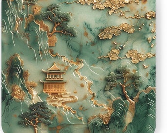 Asian Landscape Cork Back Coaster Jade Green & Gold Temple Mountain Art Drinkware Nature Decor