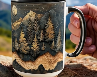 Mug montagne en panneau de bois, forêt rustique, décoration de cabane en pins au clair de lune et style aventure
