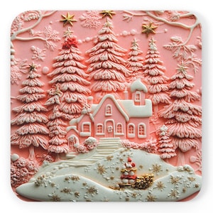 Pink Christmas Village Coaster: Cork Back Holiday Table Decor