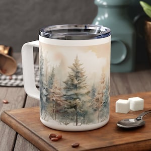 Winter Trees Insulated Mug Snowy Forest Travel Cup Winter Wonderland Mug Evergreen Tree Travel Mug Seasonal Insulated Drinkware 10oz Cup