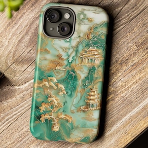 Jade Pagoda Phone Case Asian Landscape iPhone Samsung Cover Elegant Green Temple Design Lunar New Year Gift Eastern Art Holiday Present
