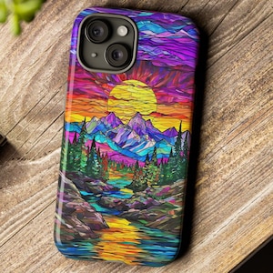 Stained Glass Mountain Phone Case Sunset Landscape iPhone Samsung Cover