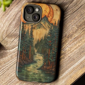Faux Wood Mountain Phone Case Rustic Forest River Design with Moon and Pine Trees Nature iPhone Samsung Cover
