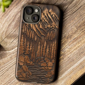 Faux Wood Mountain Forest Phone Case: Rustic Carved Tree Design