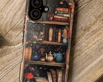 Funda para teléfono MagSafe con estantería encantada, diseño de biblioteca mágica estilo cottagecore para amantes de los libros de fantasía.