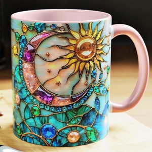 Celestial Moon and Stars Mug Stained Glass Pattern Ceramic Coffee Cup Space Art