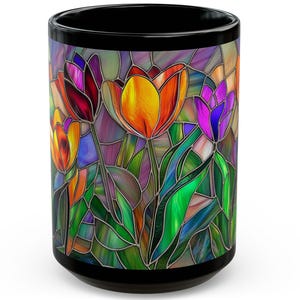 Stained Glass Tulip Mug Colorful Floral Coffee Cup Spring Botanical Tulip Design Tea Mug