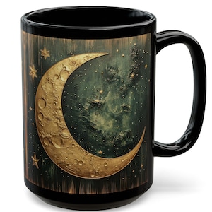 Celestial Moon Mug Gold Crescent & Stars Coffee Cup Witchy Galaxy Art Mug 15oz Cosmic Gift for Her Mystical Moon Design