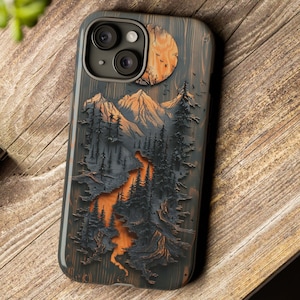 Faux Wood Mountain Phone Case Rustic Forest River Design iPhone Samsung Cover with Moon