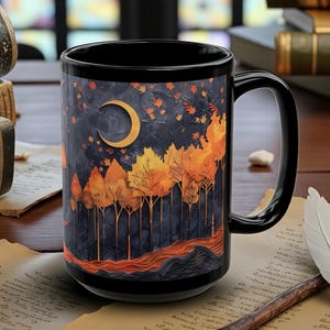 Dark Fall Forest Coffee Cup Moody Autumn Crescent Moon Mug Black Ceramic 15oz Seasonal Drinkware Decor