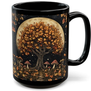 Retro Autumn Full Moon Coffee Mug Fall Tree And Leaves 15oz Ceramic Black Mug Dark Cottagecore Witchy Floral Mug Gothic Decor Bedroom Gift