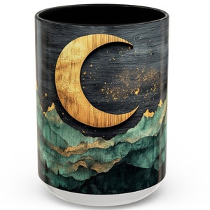 Moon Mountain Coffee Mug: Gold Crescent, Celestial Nature - 15oz Ceramic