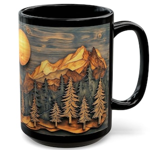 Mountain Landscape Mug: Wood Print Full Moon Pine Tree Ceramic Cup
