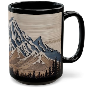 Wood Grain Mountain Mug: Black Ceramic Coffee Cup, Rustic Nature Design