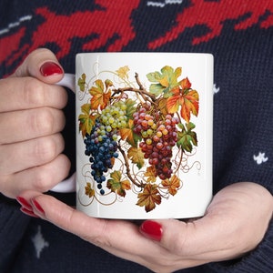 Watercolor Grapes Coffee Mug: Rustic Autumn Leaves Tea Cup
