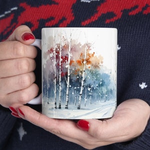 Aquarell Birken Baum Tasse: Winterwald Weihnachtskaffeetasse