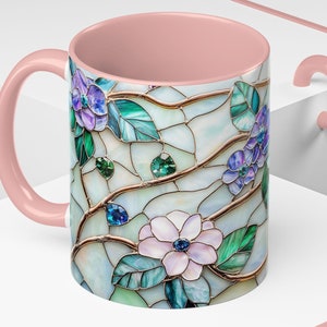 Stained Glass Purple Flowers Mug Floral Ceramic Coffee Cup Colorful 15oz 11oz Home Decor