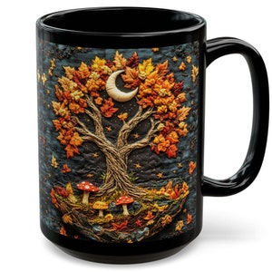 Autumn Tree of Life Mug Fall Embroidered Mushroom Cup Black Forest Moon Mug Cozy Fantasy Cottagecore Coffee Gift 15oz