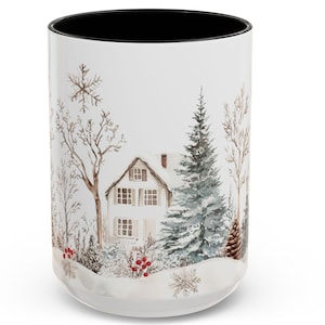 Retro Winter Village Mug Snowy Landscape Coffee Cup Evergreen Trees Pastel Holiday Print