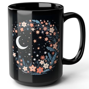 Celestial Moon Mug: 15oz Floral Starry Night Coffee Cup