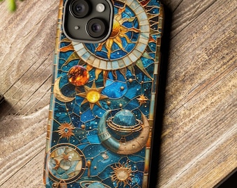 Funda para teléfono con vitrales celestiales, diseño de sol y luna cósmicos, galaxia, estrella, iPhone y Samsung.