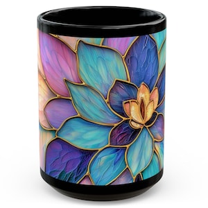 Stained Glass Floral Mug Blue And Purple Flowers Ceramic Mug Vibrant Floral Design Elegant Floral Coffee Cup Mothers Day Gift Unique Cup