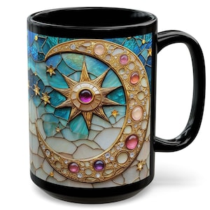 Gold Celestial Mug: Sun, Moon & Stars - Space Lover Gift