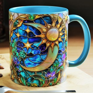 Caneca de vidro colorido com sol e lua, xícara de café celestial com estrelas, 15 oz, cerâmica, utensílios para bebidas cósmicas