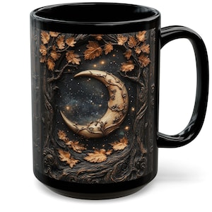 Autumn Moon Print Coffee Mug Moody Fall Tea Cup Crescent Moon Designs Ceramic 15oz Fall Mug Dark Academia Cottageore Dark Autumn Fall Print
