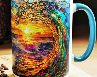 Coastal Sunrise Wave Mug Stained Glass Ocean Coffee Cup 15oz Ceramic Nautical
