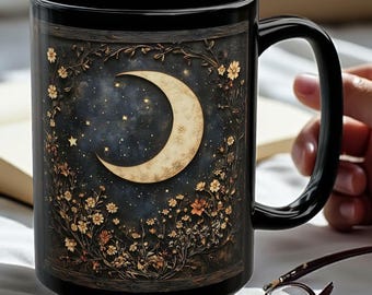 Tasse croissant de lune et mandala de fleurs sauvages Tasse en céramique florale cottagecore foncé en céramique botanique gothique et sorcière 15 oz Noir