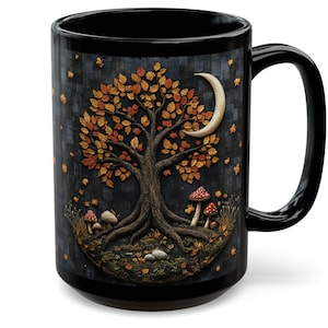 Buffalo Check Herbst Baum Becher dunkel Cottagecore Herbst Kaffeetasse Herbst Pilz Becher Dekor Witchy Herbst Becher Halbmond Gothic Herbst Print