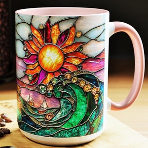 Stained Glass Sun Beach Mug Ocean Waves Sunset Ceramic Mug Beach Themed Gift For Her Birthday Gift Ocean Gift For Women Beach Decor For Home