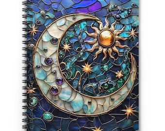 Stained Glass Moon Notebook Celestial Sun and Stars Journal Mystical Spiral Diary Astrology Stationery