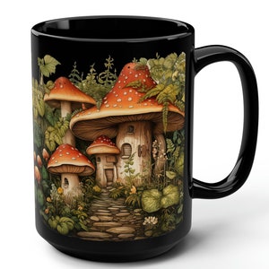 Fairy Mushroom House Mug Cottagecore Coffee Cup Fantasy Forest Tea Mug Whimsical Toadstool Art 15oz Ceramic Gift For Her Cozy Woodland Decor