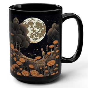 Full Moon Wildflower Coffee Mug: Gothic Cottagecore Black Ceramic Cup