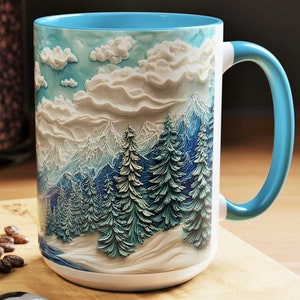 Winter Mountain Mug Snowy Pine Tree Coffee Cup Evergreen Landscape Ceramic Tea Mug Design