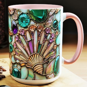 Stained Glass Seashell Mug Ocean Themed Ceramic Mug Beach House Decor Beach Coffee Mug Shoreline Cup Jewery Style PRINT Ocean Gift For Her