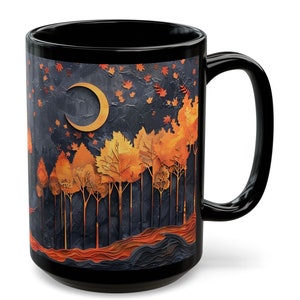 Autumn Forest Mug 15oz Black Ceramic Cup Fall Forest Scene Witchy Nature Decor Gothic Fall Gift for Her Cozy Seasonal Drinkware