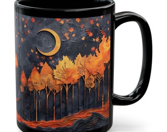 Autumn Crescent Moon Mug Fall Forest Coffee Cup Black Ceramic 15oz Seasonal Drinkware Decor