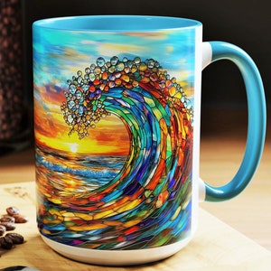Stained Glass Ocean Wave Ceramic Mug: Coastal Beach Decor
